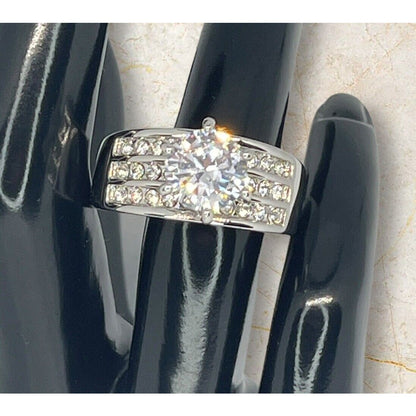 Silver Plated CZ Triple Row Ring (Sz 9) Statement Chic Shiny Trendy Stunning NWT