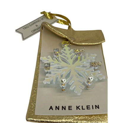 Anne Klein Xmas Gold Tone Earrings 3pc Set Snowflake Ornament Faux Pearl Bow NWT