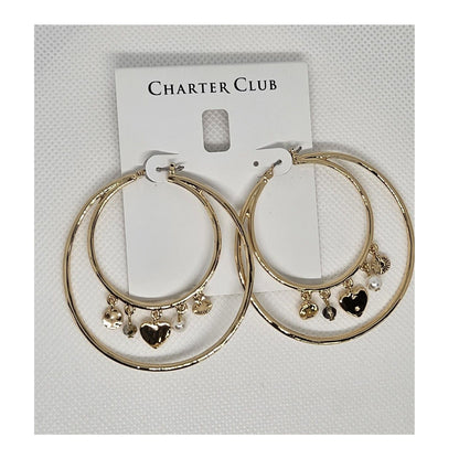 Gold Tone Double Hoop Faux Pearl Earrings Heart Charm Chic Trendy Fashion Style