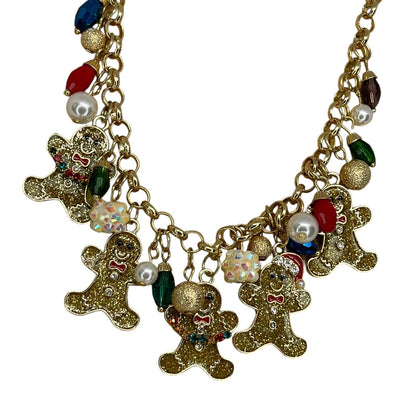 Gold Tone Faux Pearl Gingerbread Man Necklace Christmas Holiday Elegant Xmas NWT