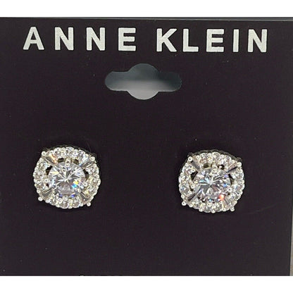 Anne Klein Silver Tone Elevated CZ Stud Earrings Stunning Shiny Glitz Style NWT