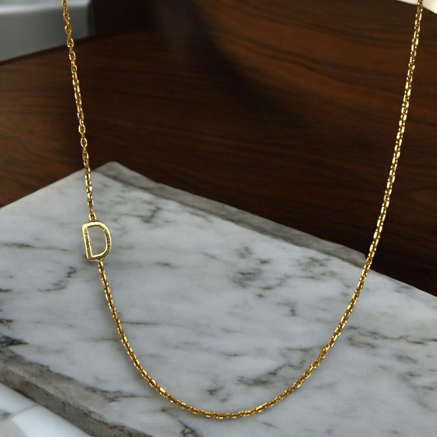 14K Gold Vermeil ‘D’ Sideways Initial Necklace Fashion Style Chic Dainty Trendy