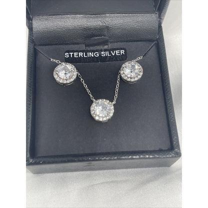 Sterling Silver CZ Halo Necklace Earrings (2pc Set) Stunning Chic Trendy Fashion