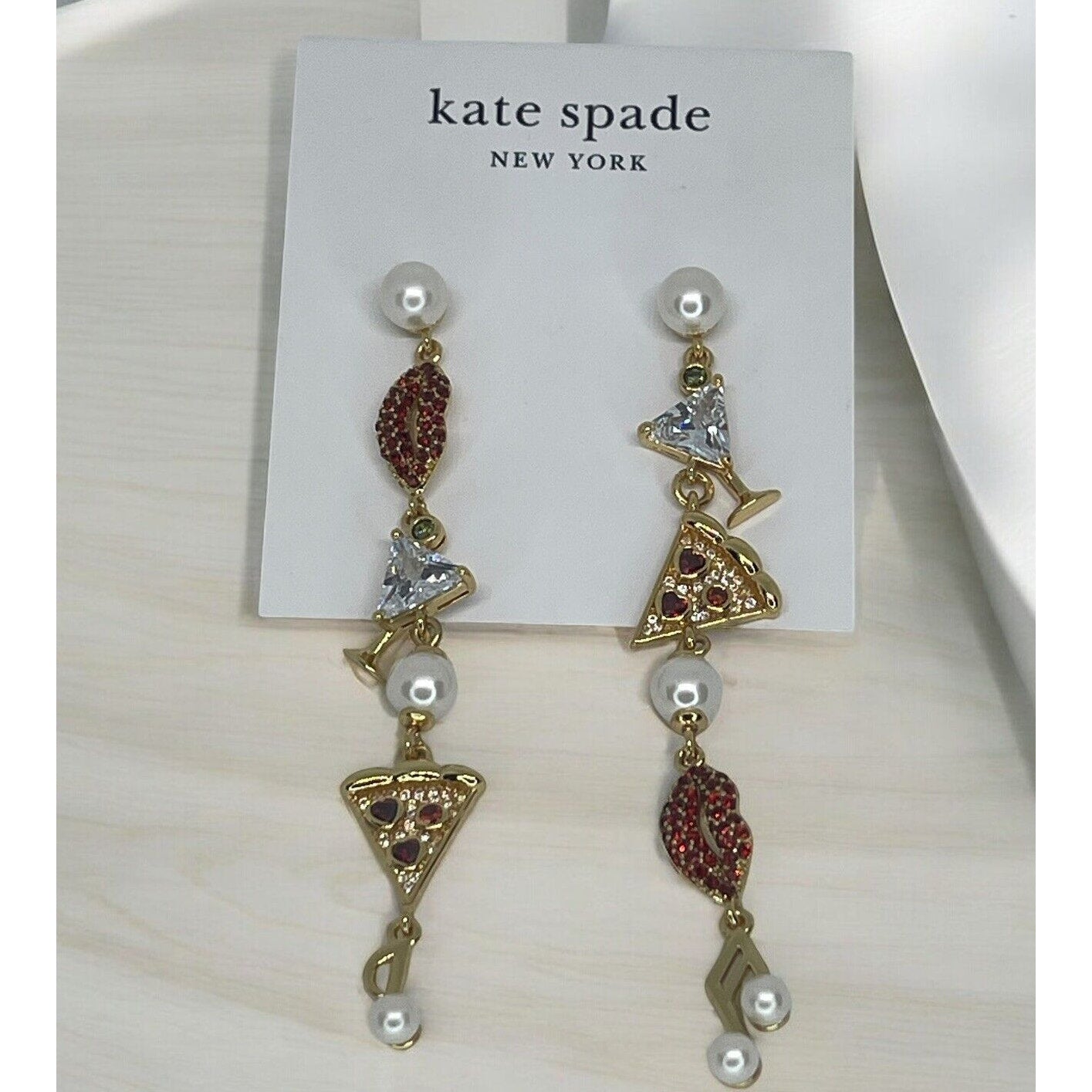 Kate Spade Faux Pearl Hit The Town Earrings Gold Tone CZ Linear Chic Trendy NWT