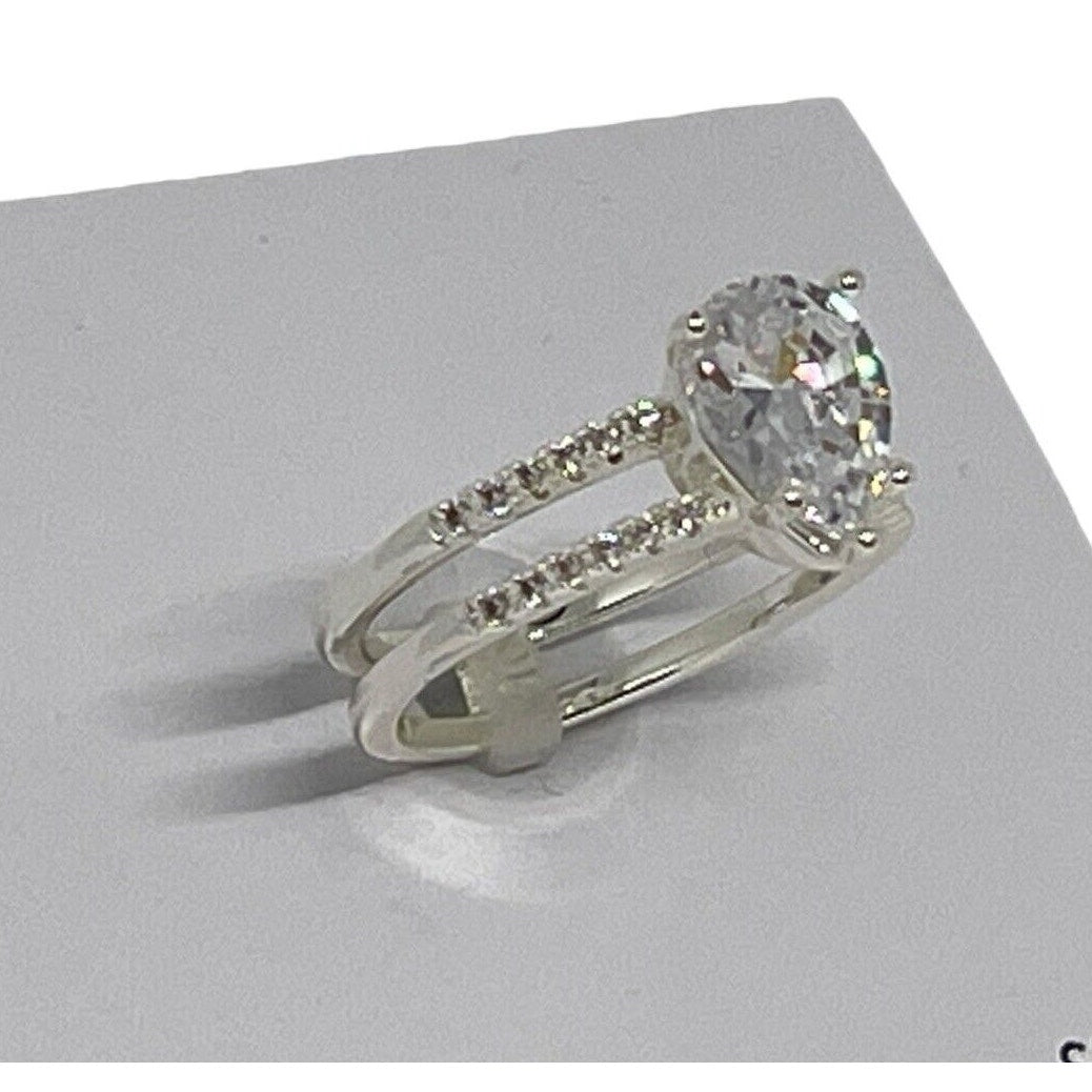 Silver Plated Double Row CZ Ring (Sz 6) Chic Style Stunning Fashion Elegant NWT