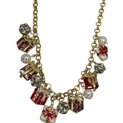 Gold Tone Faux Pearl Xmas Present Necklace Holidays Bow Elegant Chic Fashion NWT