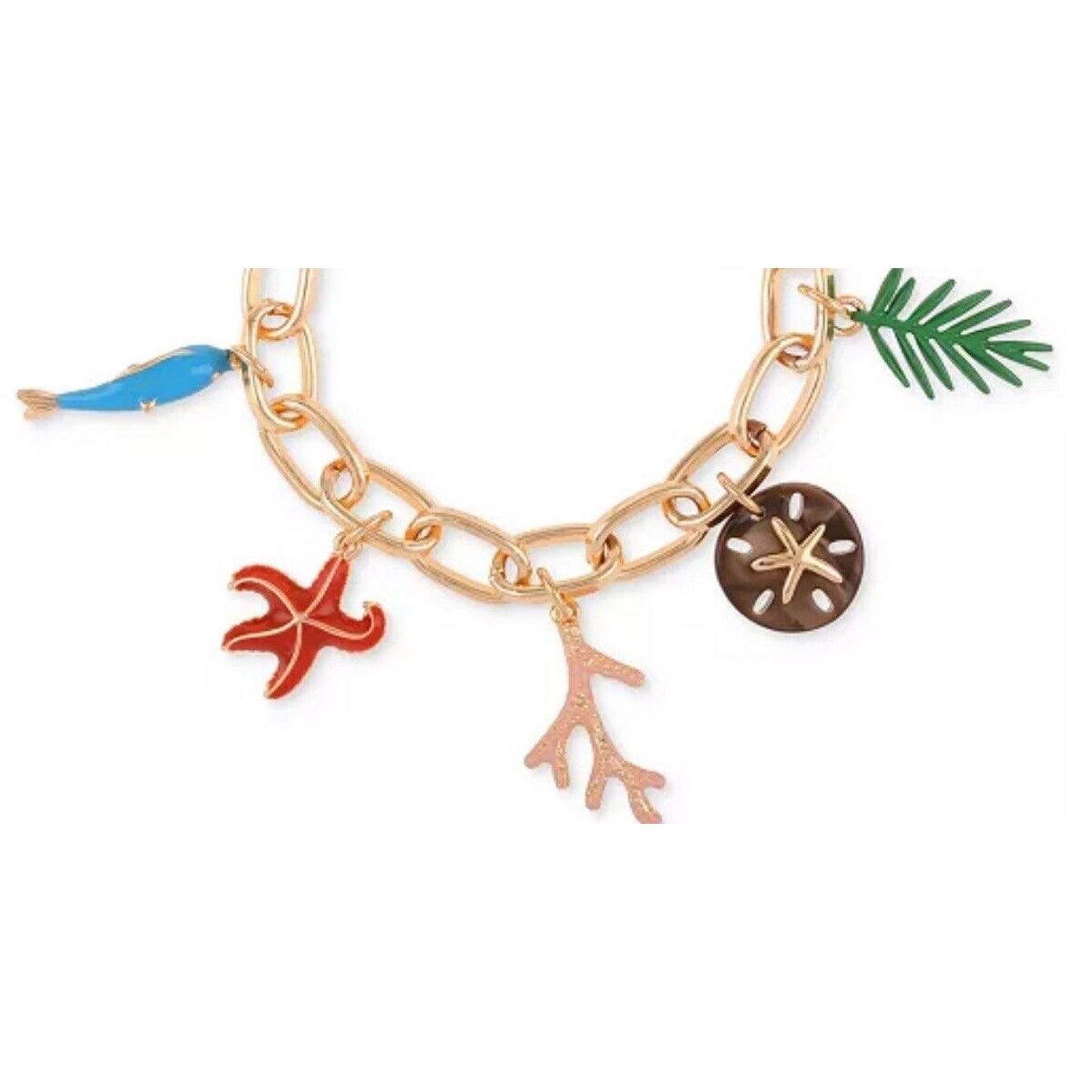 Gold Tone Sea Life Charm Bracelet Starfish Shells Fish Coral Sand Dollar Ocean