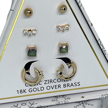 18K Gold Plate CZ Earrings 4pc Set Chic Xmas Ornament Box Fashion Stunning NWT