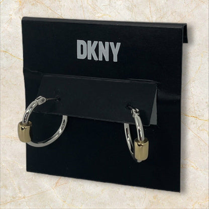 DKNY Two Tone Hoop Earrings Fashion Chic Minimal Shiny Trendy Style Cocktail NWT