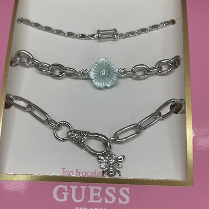 Guess Silver Tone Bracelet (3pc Set) Floral Bee Chic Trendy Fashion Stylish Vday