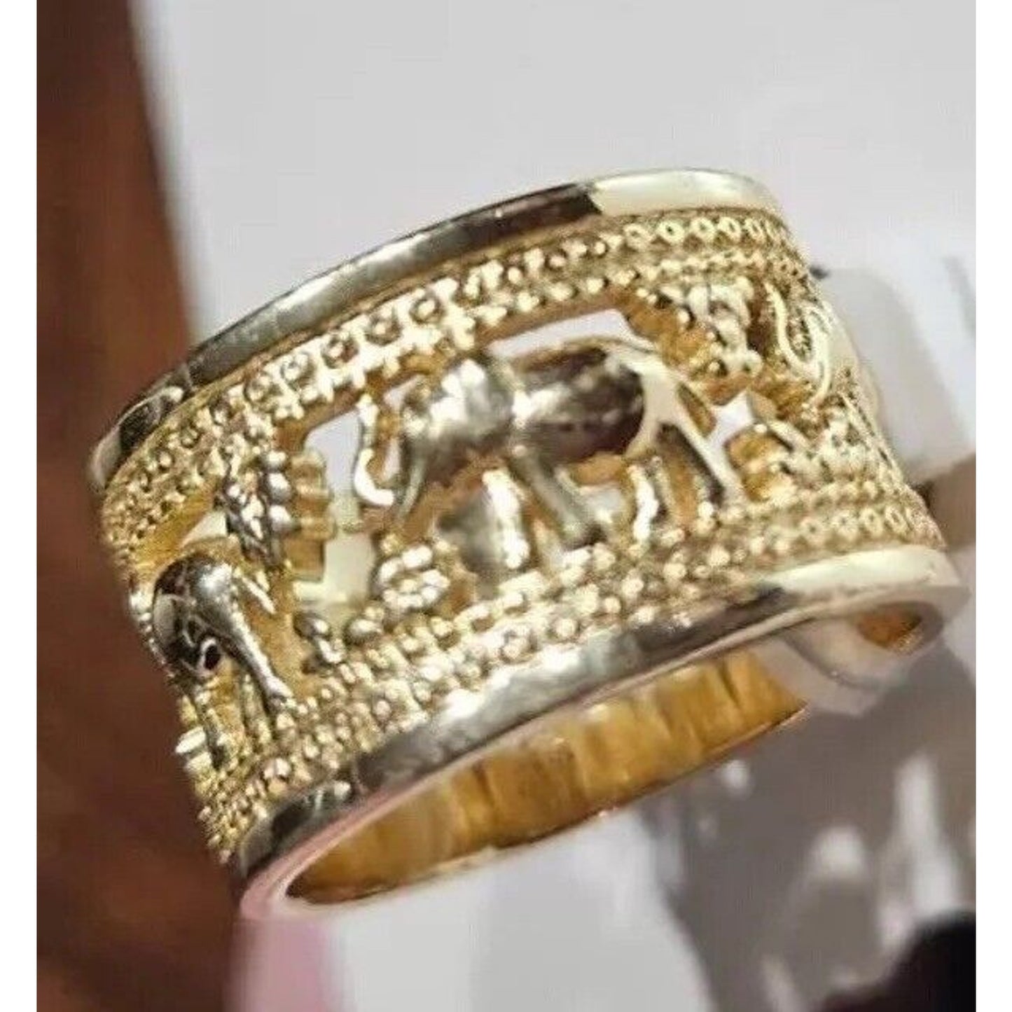 Gold Plated Open Work Elephant Wide Ring (Sz 9) Intricate Stunning Animals Chic