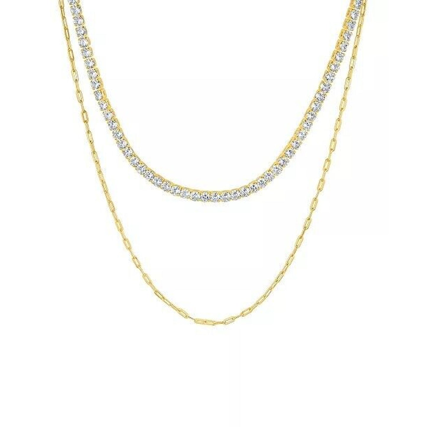 18K Gold Plated CZ Diamond Accent Tennis Necklace Layered Trendy Glitzy Stunning