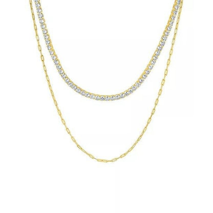 18K Gold Plated CZ Diamond Accent Tennis Necklace Layered Trendy Glitzy Stunning