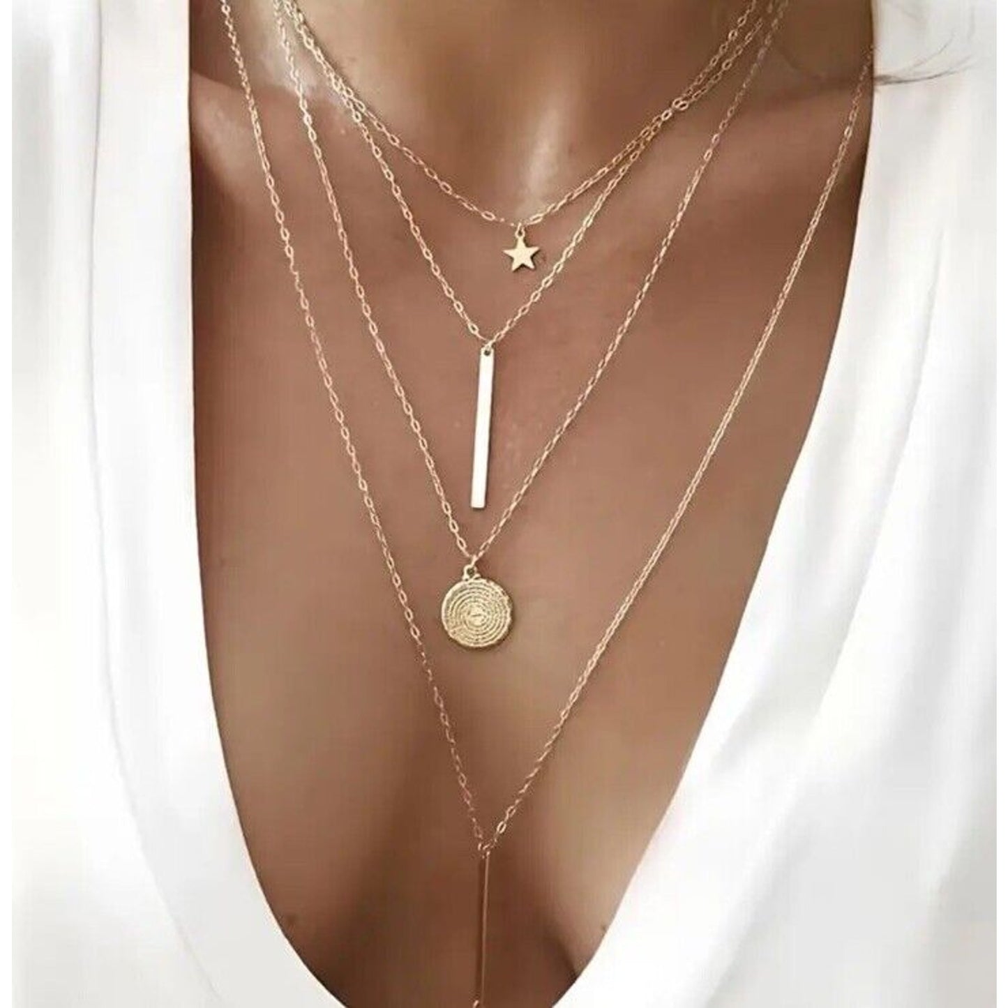 18K Gold Plate Star Disc Pendant Necklace Layered Chic Style Trendy Fashion NWT