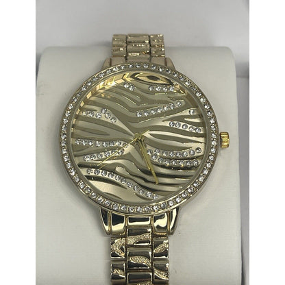 Gold Tone Crystal Bracelet Watch Women's Trendy Fashion Textured Style Chic Vday