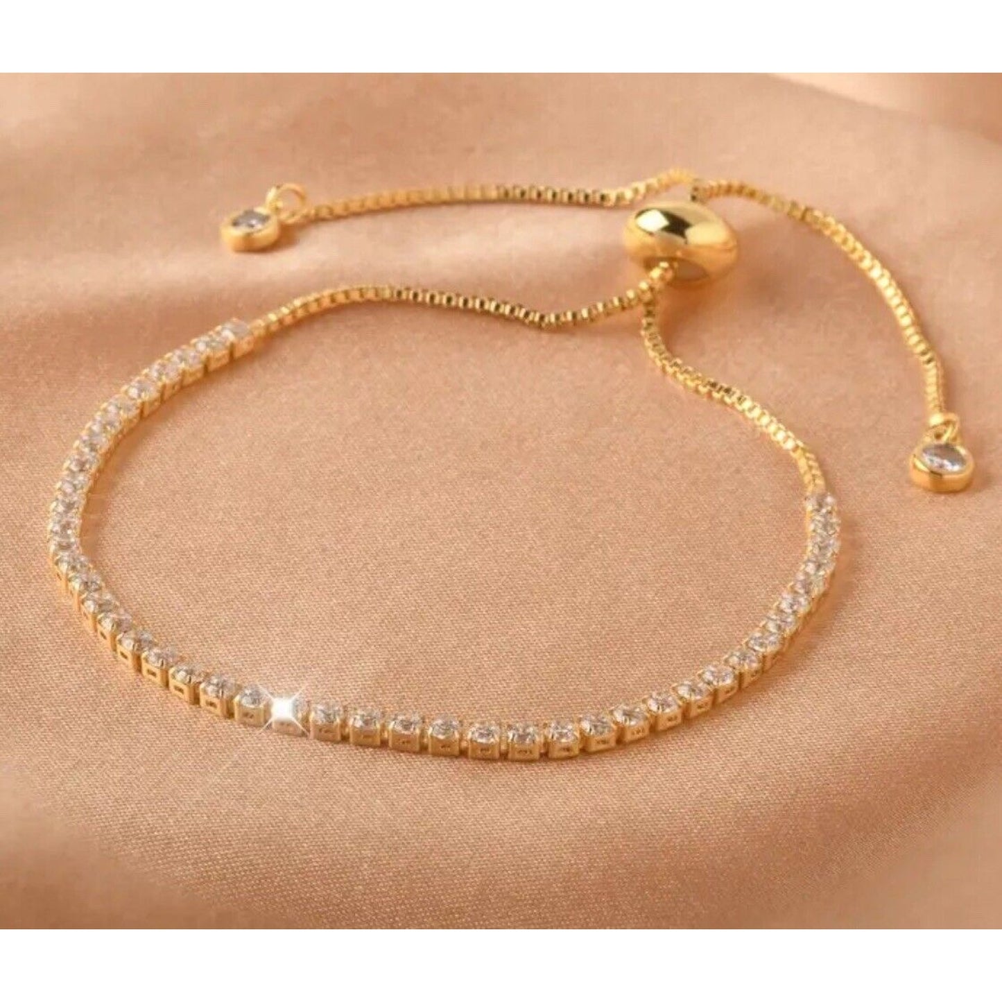 Gold Tone Crystal Bolo Tennis Bracelet Fashion Stylish Shiny Chic Glitz Cocktail