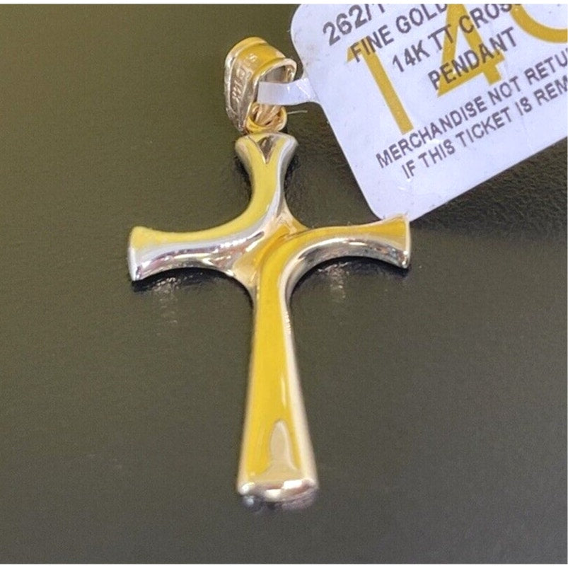 Solid 14K Gold Two Tone Cross Charm Pendant Faith Fashion Luxury Elegant NWT