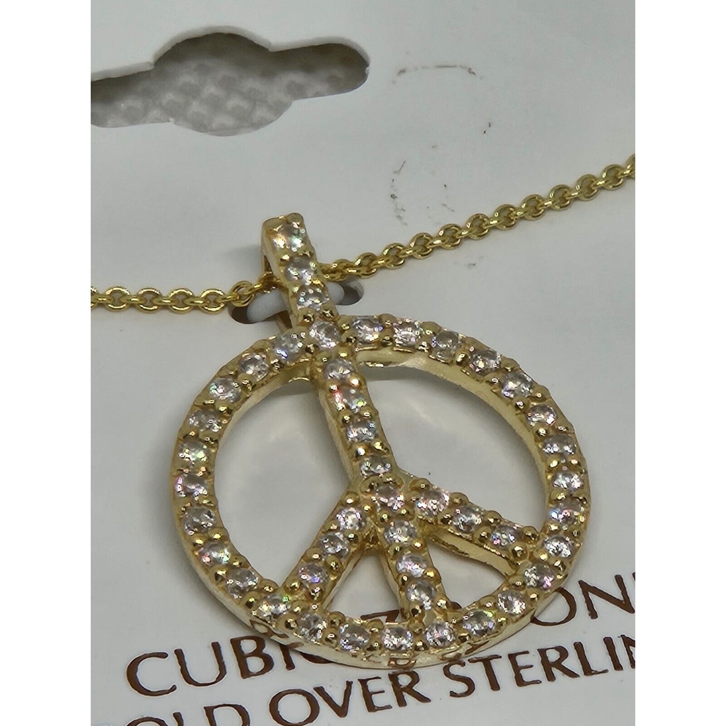 18K Gold Vermeil Peace Pendant Necklace CZ Glitz Shiny Fashion Stylish Chic NWT