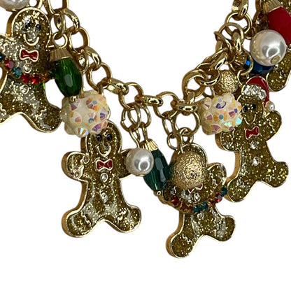 Gold Tone Faux Pearl Gingerbread Man Necklace Christmas Holiday Elegant Xmas NWT