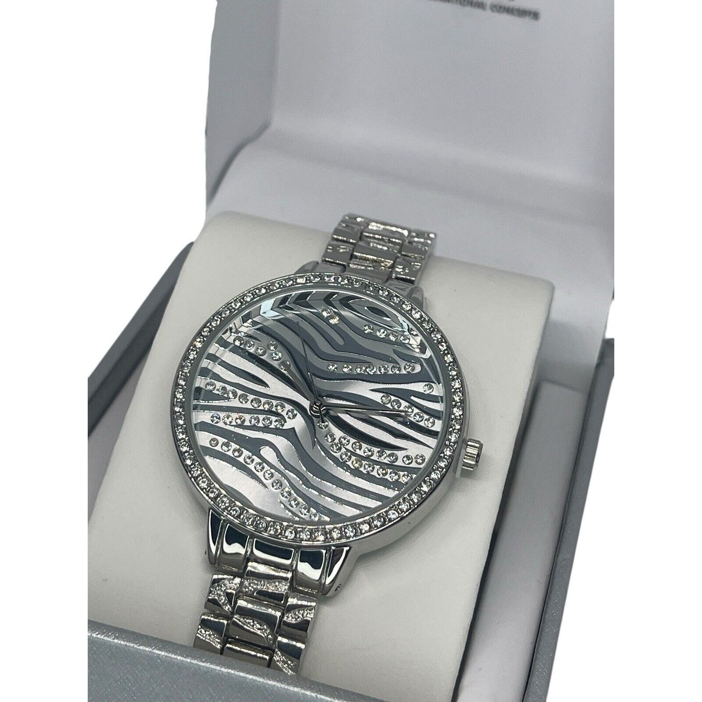 Silver Tone Crystal Bracelet Watch Zebra Print Stunning Chic Trendy Fashion Vday