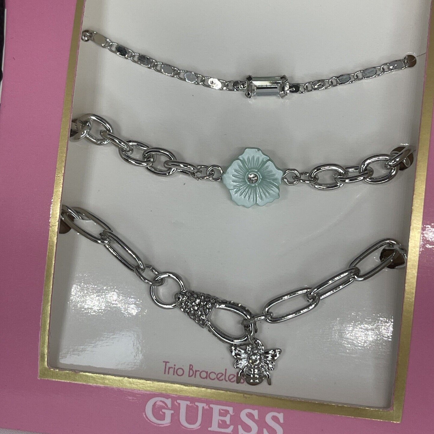 Guess Silver Tone Bracelet (3pc Set) Floral Bee Chic Trendy Fashion Stylish Vday