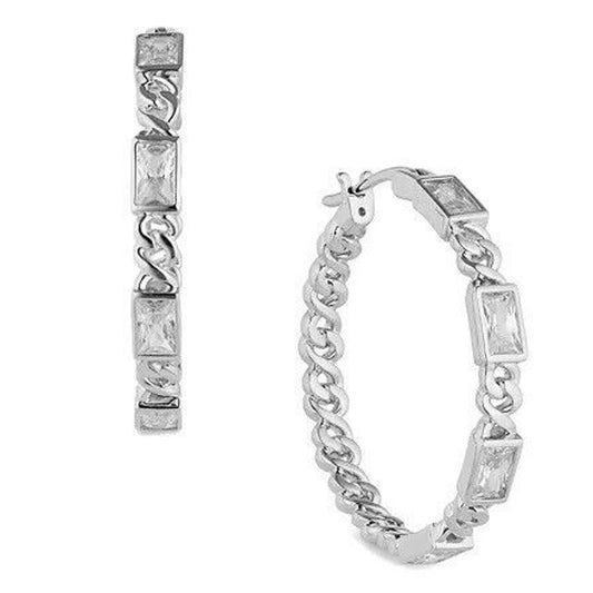 Eliot Danori Silver Plate Emerald Cut CZ Hoop Earrings (EZ Lock) Chic Luxury NWT