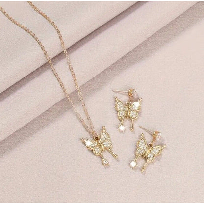 Gold Tone Crystal Butterfly Charm Necklace Earrings (2pc Set) Chic Trendy Style