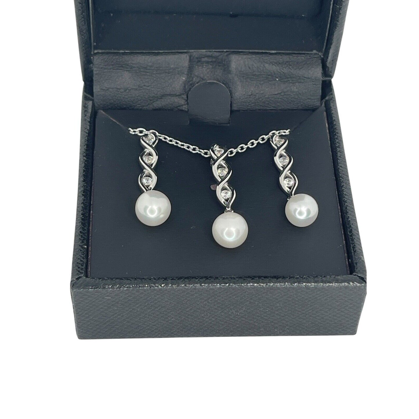 Sterling Silver Pearl (7mm) Necklace Earrings (2pc Set) CZ Trendy Luxury Vday