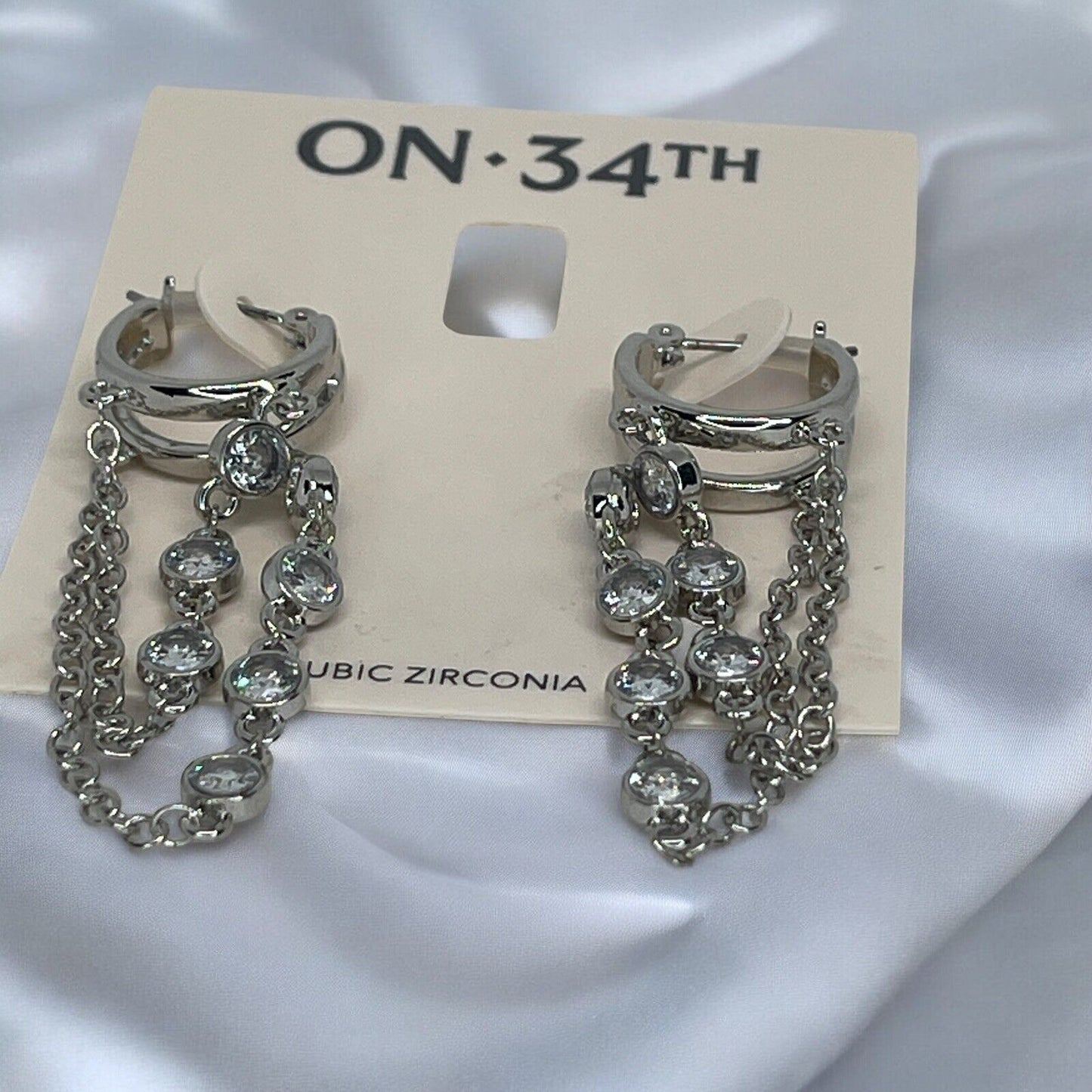 Silver Tone CZ Chain Drop Earrings Statement Chic Stunning Trendy Fashion Style