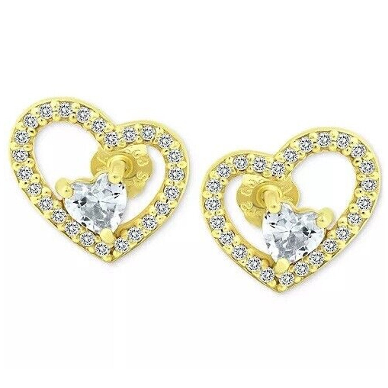 18K Gold Vermeil Double Heart Stud Earrings Stunning Chic Fashion Trendy Vday