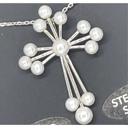 Pearl (3-4.5mm) Sterling Silver Cross Pendant Necklace Luxury Stunning Intricate