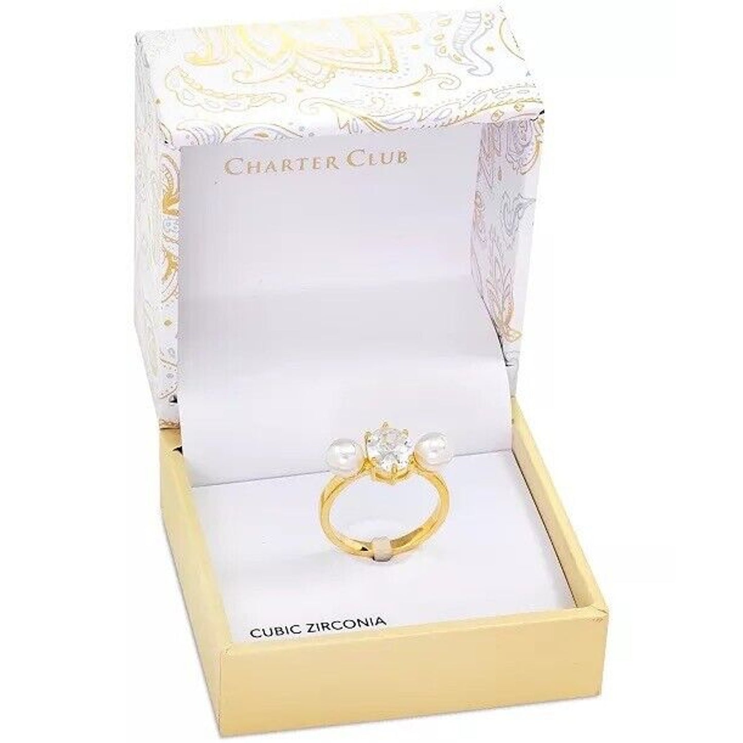 Gold Plate Faux Pearl CZ Ring SZ 5 Elegant Stunning Chic Intricate Fashion NWT