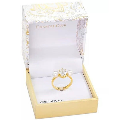 Gold Plate Faux Pearl CZ Ring SZ 5 Elegant Stunning Chic Intricate Fashion NWT