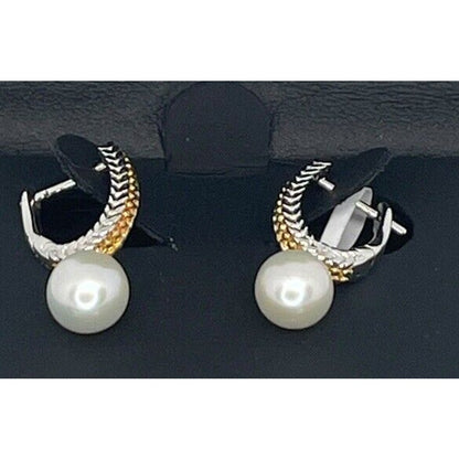 Two Tone Pearl (6mm) Earrings 14K Gold Vermeil Luxury Chic Fashion Stunning NWT