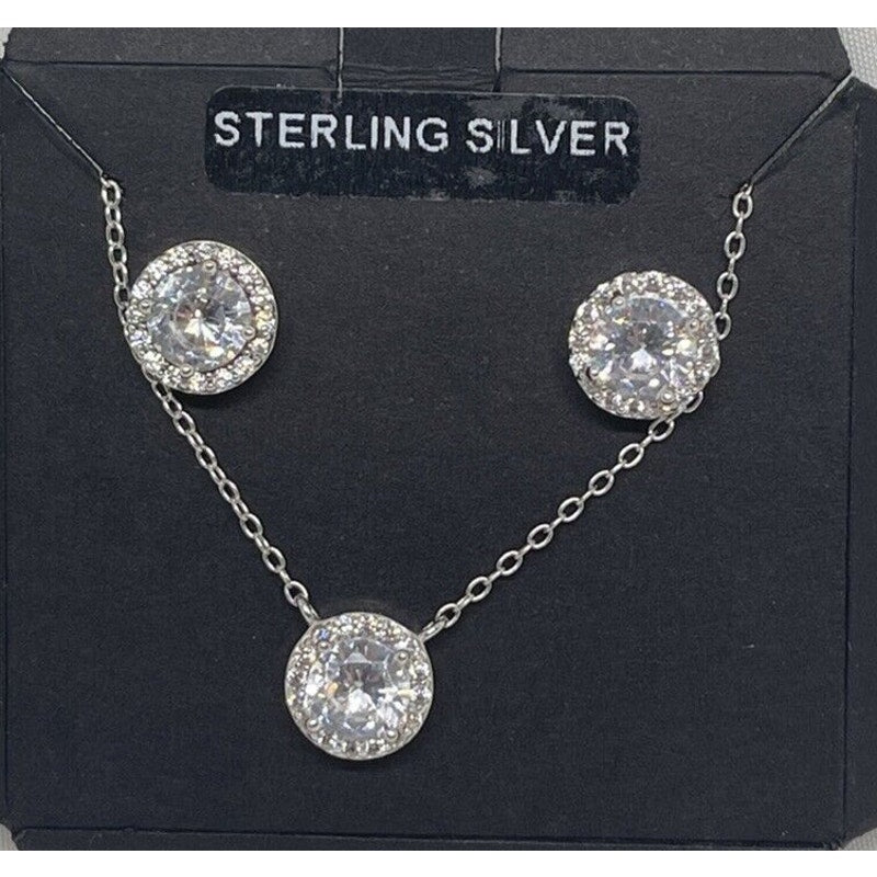 Sterling Silver CZ Necklace Earrings (2pc Set) Chic Glitz Trendy Stylish Vday