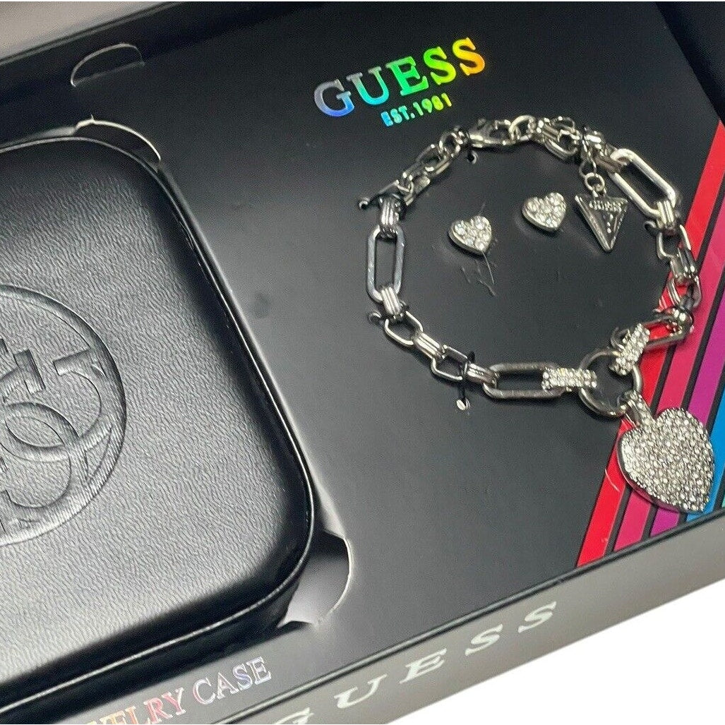 Guess Silver Tone Heart Charm Bracelet Earrings (3pc Set) Fashion Stylish Vday