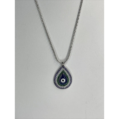 Silver Plated CZ Evil Eye Necklace Intricate Teardrop Style Trendy Stunning Chic