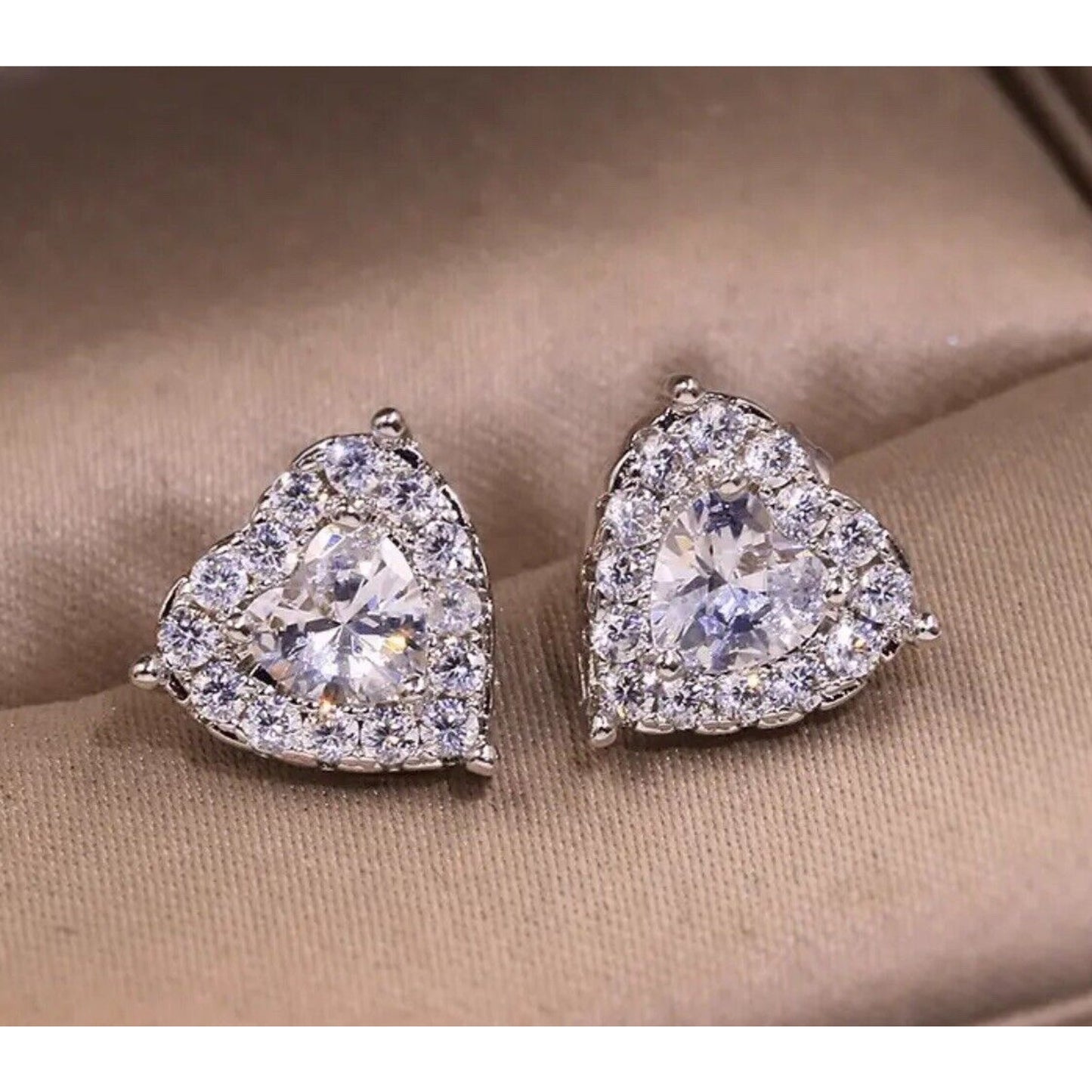 Silver Tone Crystal Heart Halo Stud Earrings Stunning Chic Trendy Fashion Vday