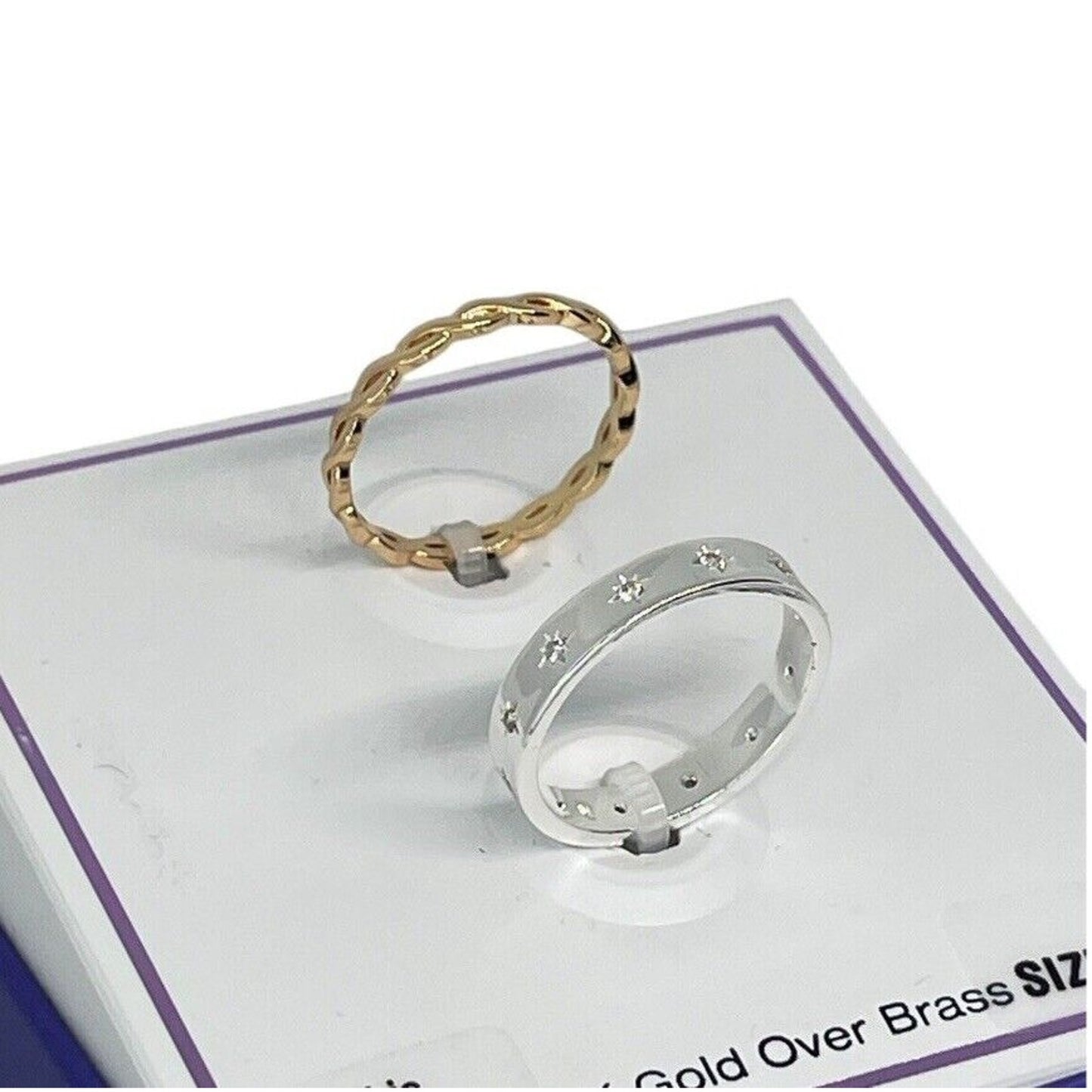 18K Gold Plated Chain CZ Band Ring (2pc Set) Sz 9 Trendy Style Fashion Chic Vday