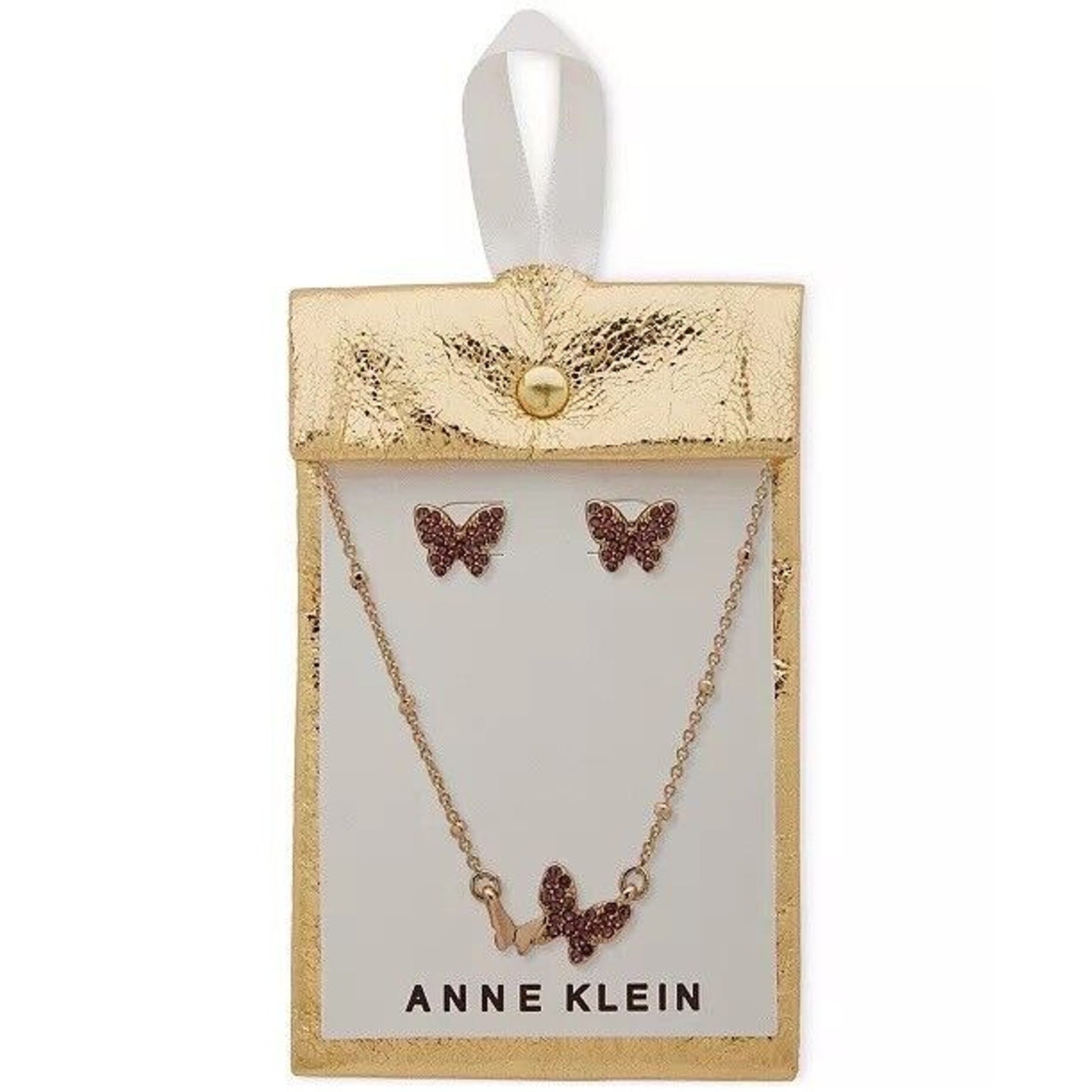 Anne Klein Gold Tone Crystal Butterfly Necklace Earrings (2pc Set) Chic Trendy