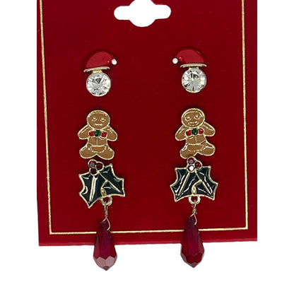 Gold Tone Xmas Crystal Earrings 3pc Set Gingerbread Man Santa Christmas Holidays