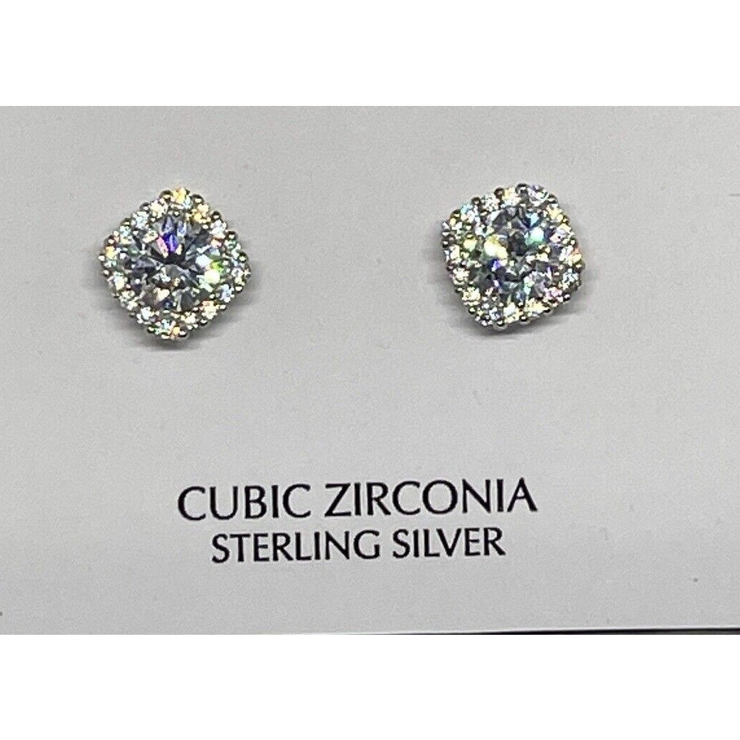 Sterling Silver Halo CZ Stud Earrings Glitz Fashion Chic Style Trendy Shiny NWT