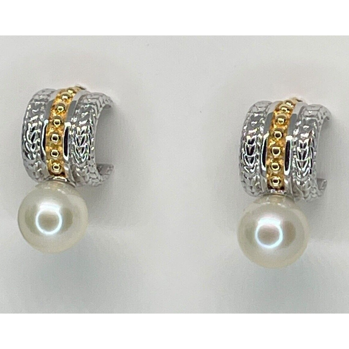 Pearl (7mm) Two Tone Huggie Hoop Earrings 14K Gold Vermeil Luxury Trendy Stylish