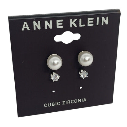 Anne Klein Silver Tone Faux Pearl CZ Earrings (2pc Set) Elegant Chic Trendy NWT