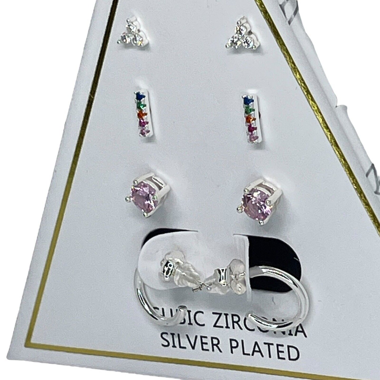 Silver Plated CZ Earrings 4pc Set Elegant Xmas Ornament Gift Box Trendy Chic NWT