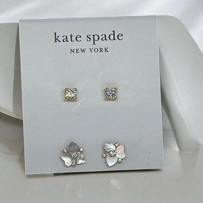 Kate Spade Mother Of Pearl CZ Pansy Earrings (2pc Set) Gold Tone Chic Trendy NWT