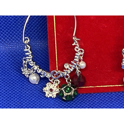 Silver Tone Crystal Xmas Earrings Faux Pearl Merry Christmas Holidays Snowflake