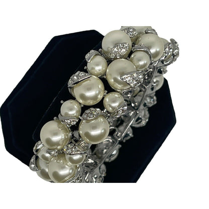 Silver Tone Faux Pearl Crystal Bracelet Stunning Trendy Elegant Intricate Chic