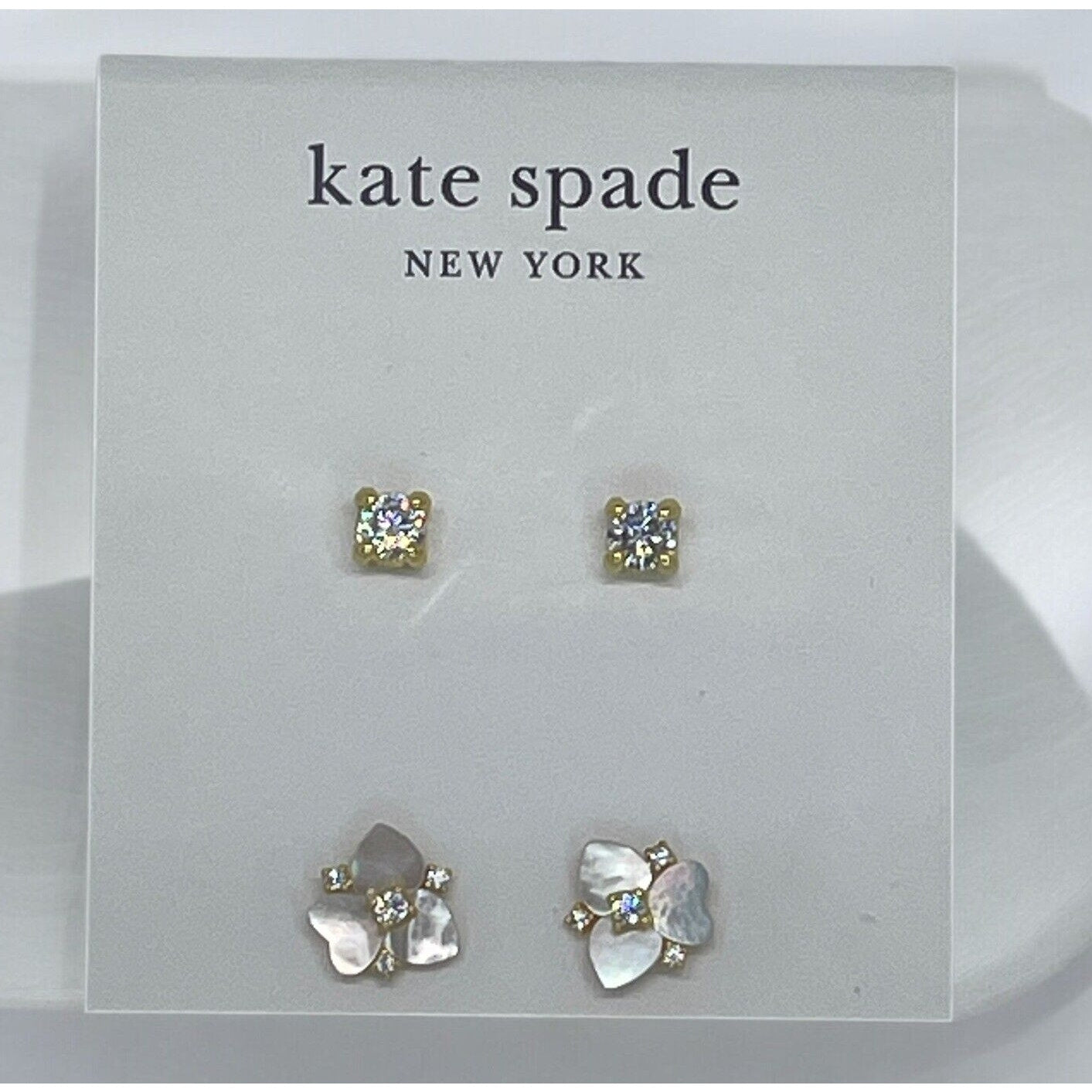 Kate Spade Mother Of Pearl CZ Pansy Earrings (2pc Set) Gold Tone Chic Trendy NWT