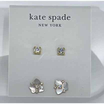 Kate Spade Mother Of Pearl CZ Pansy Earrings (2pc Set) Gold Tone Chic Trendy NWT